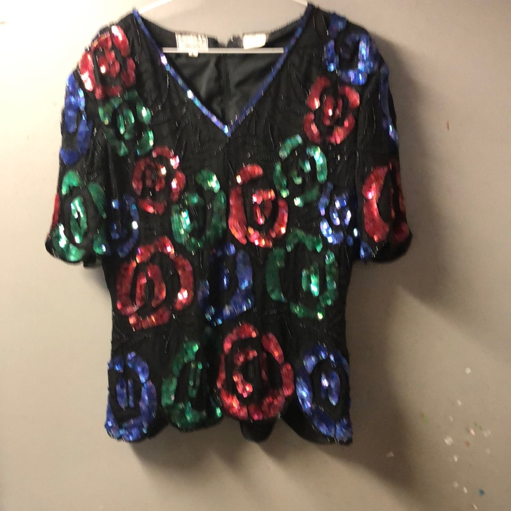 Vintage Stenay Silk Sequin Beaded Top,  L, Floral Black Red Green blue, short
